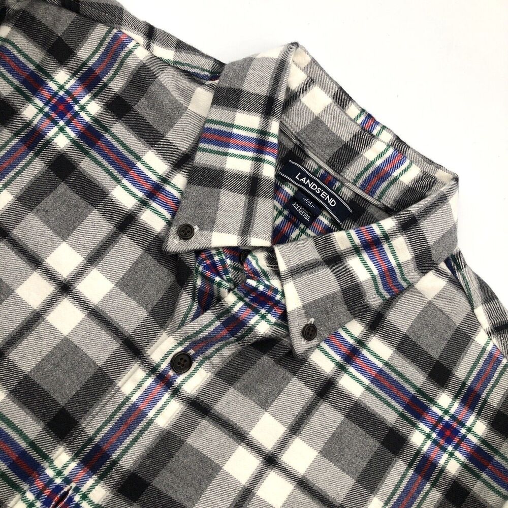 Lands End Mens Flannel Shirt Black White Plaid Size Large Button Down Casual Emo
